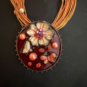 Vintage ENAMEL Multi Strand Necklace FLOWERS BUTTERFLY Red Orange Shades
